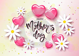 Happy Mothers day card template with cute pink heart and hamomile. It may be used for background, poster, advertising, sale, postc