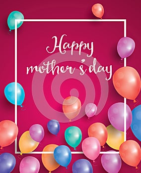 Happy Mothers Day Card with white frame and flying balloon.