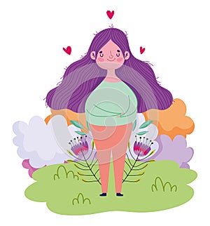 Happy mothers day, cartoon woman with flowers hearts in grass