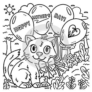 Happy Mothers Day Cat And Balloons Coloring Page