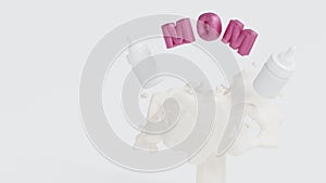 Happy Mothers day celebration, Mom text with baby bottle on milk splash, copy space add text, 3D rendering