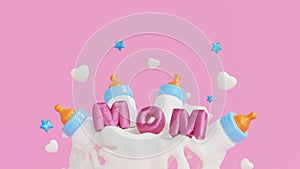 Happy Mothers day celebration, Mom text with baby bottle on milk splash, copy space add text, 3D rendering