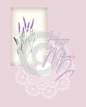 Happy Mothers Day collage pink postcard vintage style, lavender and lace doily, scrapbooking, for congratulations, place