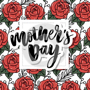 Happy Mothers Day elegant typography pink banner. Calligraphy text and heart in frame on red background for Mother`s Day