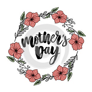 Happy Mothers Day elegant typography pink banner. Calligraphy text and heart in frame on red background for Mother`s Day