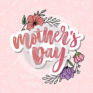 Happy Mothers Day elegant typography pink banner. Calligraphy text and heart in frame on red background for Mother`s Day. Best mo