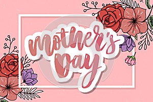 Happy Mothers Day elegant typography pink banner. Calligraphy text and heart in frame on red background for Mother`s Day. Best mo