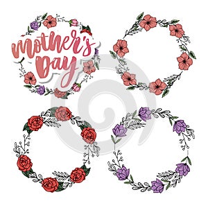 Happy Mothers Day elegant typography pink banner. Calligraphy text and heart in frame on red background for Mother`s Day. Best mo