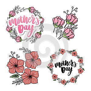 Happy Mothers Day elegant typography pink banner. Calligraphy text and heart in frame on red background for Mother`s Day. Best mo