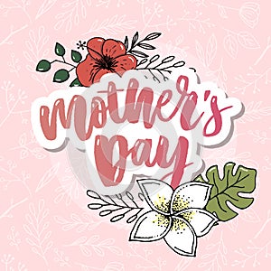 Happy Mothers Day elegant typography pink banner. Calligraphy text and heart in frame on red background for Mother`s Day. Best mo