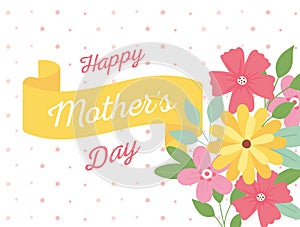 Happy mothers day, flowers lettering ribbon floral dots background