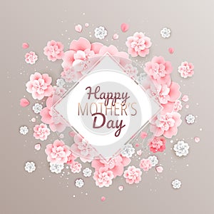 Happy Mothers Day golden background with beautiful pink flowers