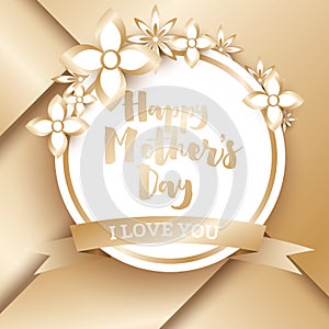 Happy Mothers Day. Golden Greeting Card with Geometric Background and Flowers.