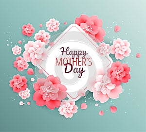 Happy Mothers Day green background with beautiful pink flowers -