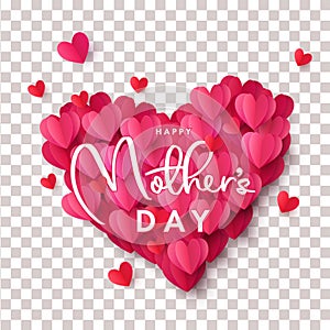 Happy Mothers Day greeting banner with big heart made of pink and red Origami Hearts isolated on transparent background