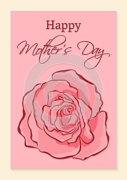 Happy Mothers Day greeting card. A beautiful realistic rose on a pink background. Congratulatory inscription. Vector