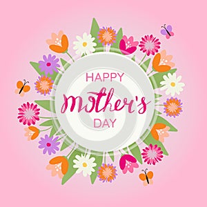 Happy mothers day greeting card with blossom flowers. Card with flowers and leaves on pink background with space for