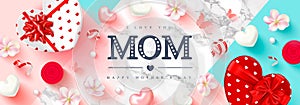 Happy Mothers day greeting card. Festive background with gift boxes,hearts,flowers,butterflies,beads and serpentine. Vector