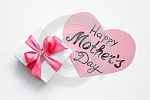 Happy Mothers day greeting card with gift box pink ribbon