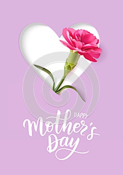Happy Mothers day greeting card. Holiday design template with heart shape and realistic pink carnation flower on purple background