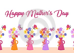 Happy Mothers Day greeting card template floral. Beautiful flower vase butterfly drawing on the bottom of Mother\'s day card.