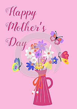 Happy Mothers Day greeting card template flower vase butterflies. Floral vase butterfly drawing Mother\'s day holiday greeting car