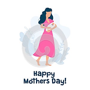 Happy mothers day greeting card with text vector illustration. Woman with baby and pink dress flat stye. International holiday and