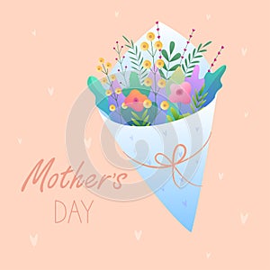 Happy Mothers Day.Greeting card.Vector illustration with flowers, hearts with a bouquet of flowers and beautiful text