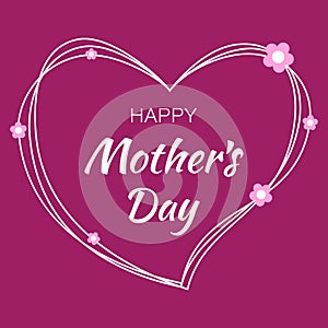 Happy Mothers Day hand drawn typographic lettering with white scribble heart on bright purple violet background
