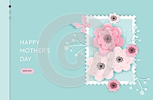 Happy Mothers Day Landing Page Template. Mothers Day Holiday Web Banner with Paper Cut Flowers for Flyer, Brochure, Website