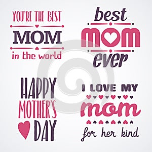 Happy Mothers Day Lettering Calligraphic Emblems and Badges Set. Vector Design Elements For Greeting Card and Other Print Template