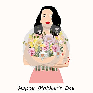 Happy Mothers Day. Mom. Card template with beautiful woman with spring flowers.