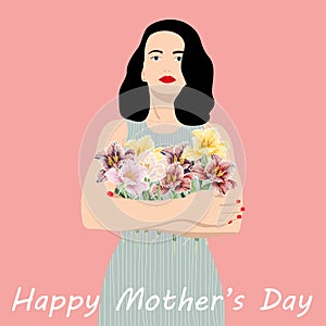 Happy Mothers Day. Mom. Card template with beautiful woman with spring tulips flowers.