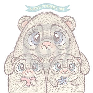 Happy mothers day, mom and children in the form of cartoon characters of polar bears