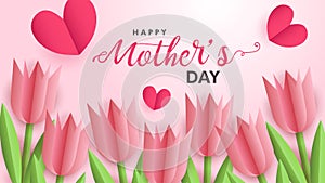 Happy Mothers day paper cut style flowers and heart poster banner vector, Mother`s day greeting card wishes background wallpaper