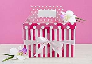 Happy Mothers Day pink and white gift with greeting card.