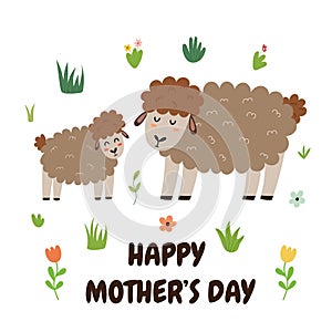 Happy Mothers Day print with a cute mother sheep and her baby lamb