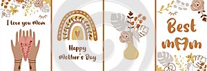 Happy Mothers Day set. Boho flower posters with flower template, hand, heart, rainbow. Love mom cards