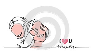 Happy Mothers Day simple vector web banner, background,poster,card. Girl closes her mothers eyes with hands. Mom