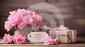 Happy Mothers Day tag with gift and pink flowers against rustic wood