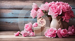 Happy Mothers Day tag with gift and pink flowers against rustic wood