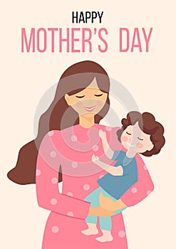 Happy Mothers Day. Vector illustration with woman and her child. Beautiful template. Can be used for banner, poster, card, postcar