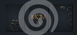 Happy Mothers day vector set greeting card. Gold Mom heart on black background. Golden holiday poster with text Concept mother day