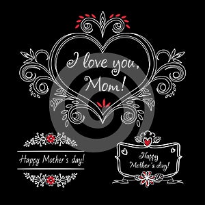 Happy mothers day vintage elements with flowers on chalkboard background. Mothers day label for print or website.