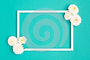 Happy Mothers Day, Womens Day, Valentines Day or Birthday Pastel Blue Background. Turquoise colored flat lay greeting card.