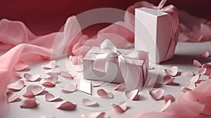 Happy Mothers Day or womens day. Valentines day. White greeting card on a pink background with festive ribbons. Generative ai