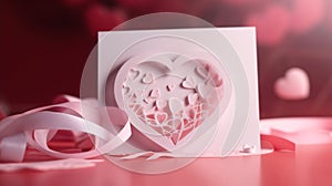 Happy Mothers Day or womens day. Valentines day. White greeting card on a pink background with festive ribbons. generative ai