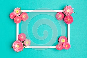 Happy Mothers Day, Womens Day, Valentines Day or Birthday Pastel Blue and Pink Background. Floral flat lay greeting card.