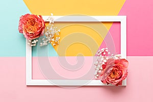 Happy Mothers Day, Womens Day, Valentines Day or Birthday Pastel Colored Background. Flat lay mock up greeting card.