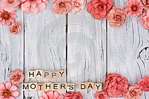 Happy Mothers Day wooden blocks with flower double border on white wood